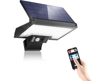 JESLED Zonne-energie Wandlamp met Afstandsbediening, IP65 Weerbestendig, 800LM 6000K Koel Wit Draadloze Lamp, 2600mAh Batterij, 4 Modus, 180° Verstelbaar Paneel voor Tuin, Erf, Pad
