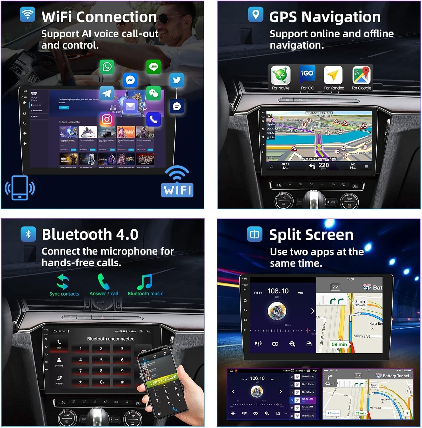 Podofo Dubbel DIN Autoradio met GPS, Bluetooth en 9 Inch Android Scherm