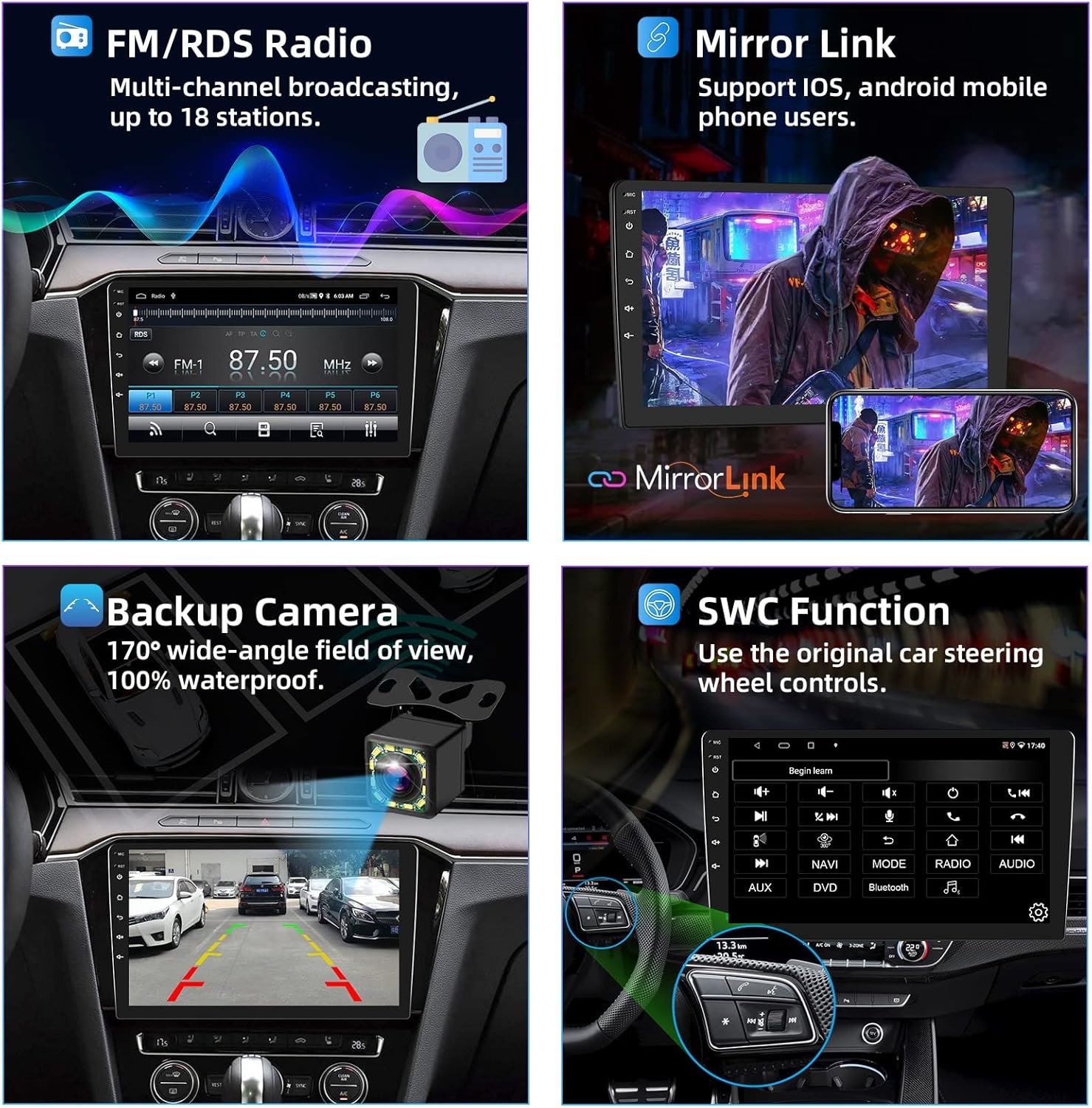 Podofo Dubbel DIN Autoradio met GPS, Bluetooth en 9 Inch Android Scherm