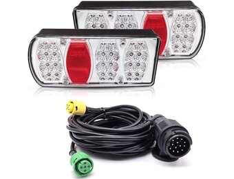 2 stuks 13-pins aanhangerverlichting LED 12 V 24 V met 5 m kabel voorbedrade 5-pins bajonetfixes, 7-IN-1, waterdicht, E-Mark Goedgekeurd