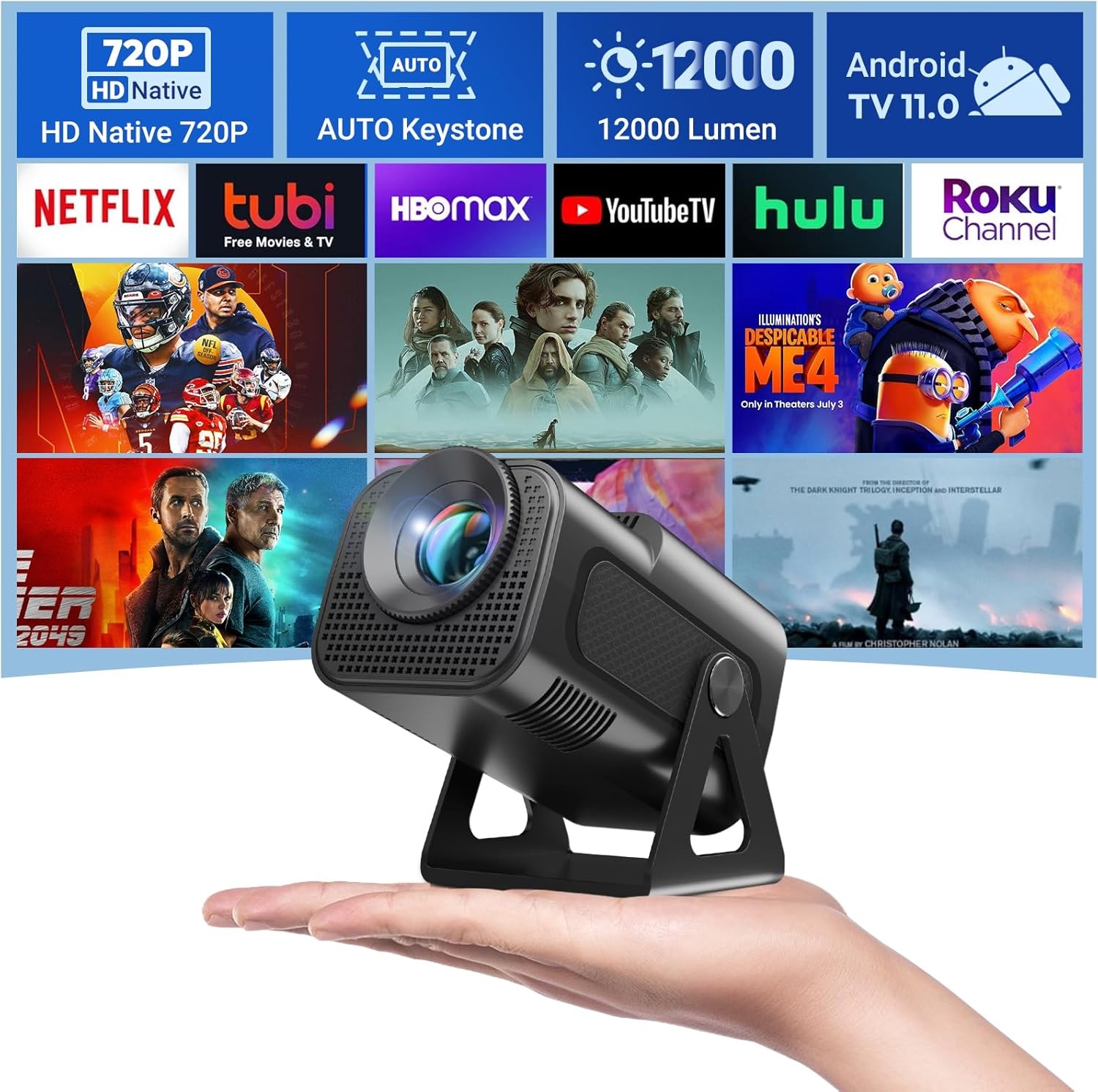 Draagbare mini-beamer XGODY Gimbal5 Mini smart Android 11 HD-projector, ondersteunt 1080p 4K WiFi6 BT, thuisbioscoop, videoprojector met 180° draaibare standaard, autokeystone voor Android, iOS, mat
