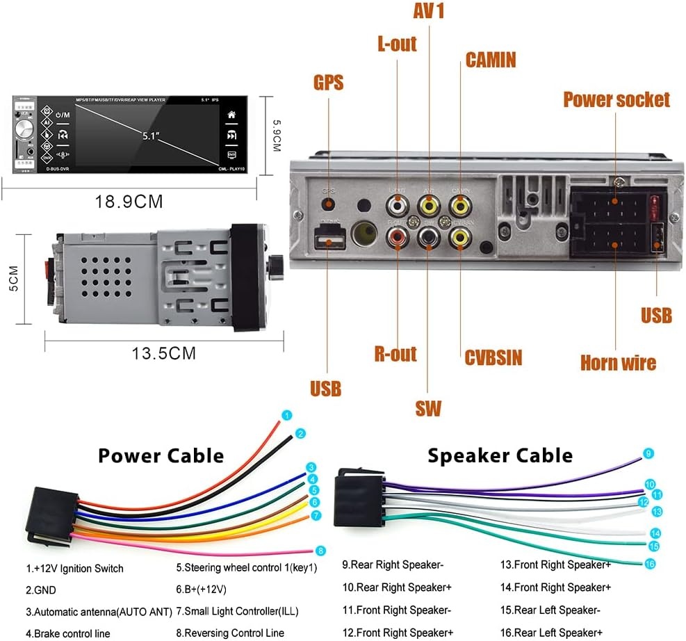Podofo 1-DIN Autoradio met 5.1 Inch IPS Touchscreen, Bluetooth, Handsfree, RDS, FM en 4 USB Poorten