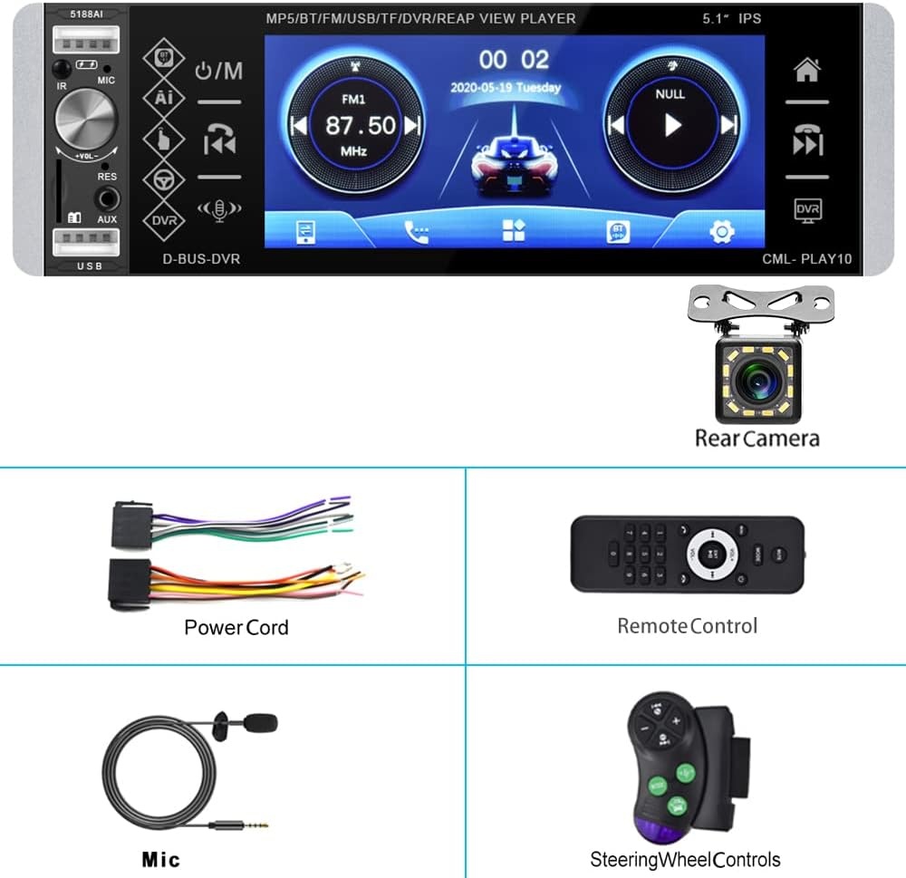 Podofo 1-DIN Autoradio met 5.1 Inch IPS Touchscreen, Bluetooth, Handsfree, RDS, FM en 4 USB Poorten