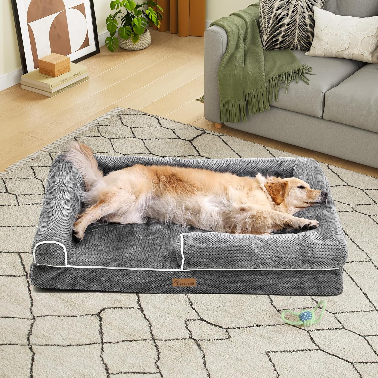 YITAHOME Middelgrote hondenbedbank, afneembare wasbare hoes, huisdierbed met volledig gevulde zijranden, zacht en gezellig, voor grote en extra grote honden, 89 x 63 x 18 cm, grijs (135 x 107 x 22 cm