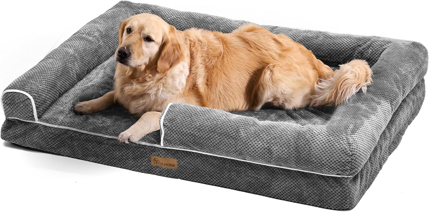 YITAHOME Middelgrote hondenbedbank, afneembare wasbare hoes, huisdierbed met volledig gevulde zijranden, zacht en gezellig, voor grote en extra grote honden, 89 x 63 x 18 cm, grijs (135 x 107 x 22 cm