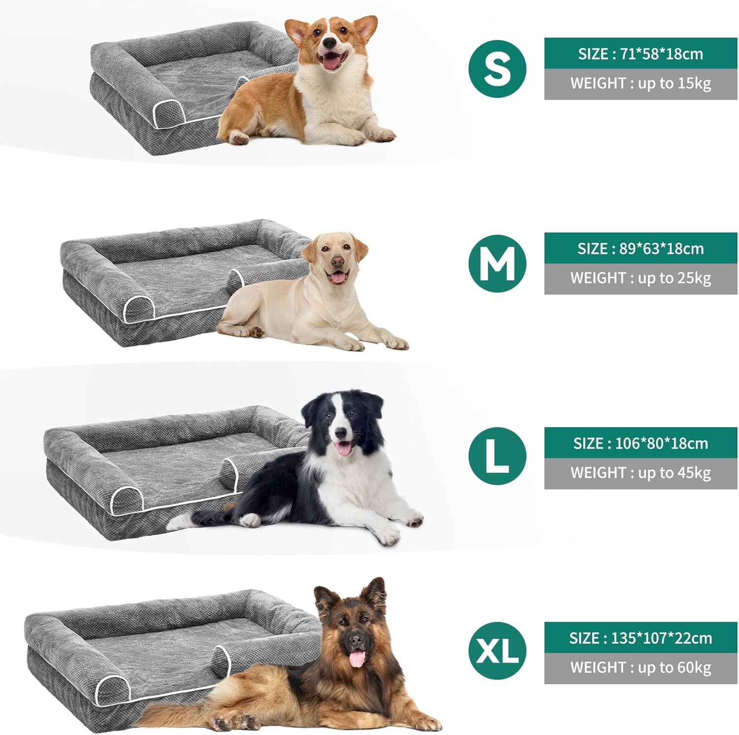YITAHOME Middelgrote hondenbedbank, afneembare wasbare hoes, huisdierbed met volledig gevulde zijranden, zacht en gezellig, voor grote en extra grote honden, 89 x 63 x 18 cm, grijs (135 x 107 x 22 cm