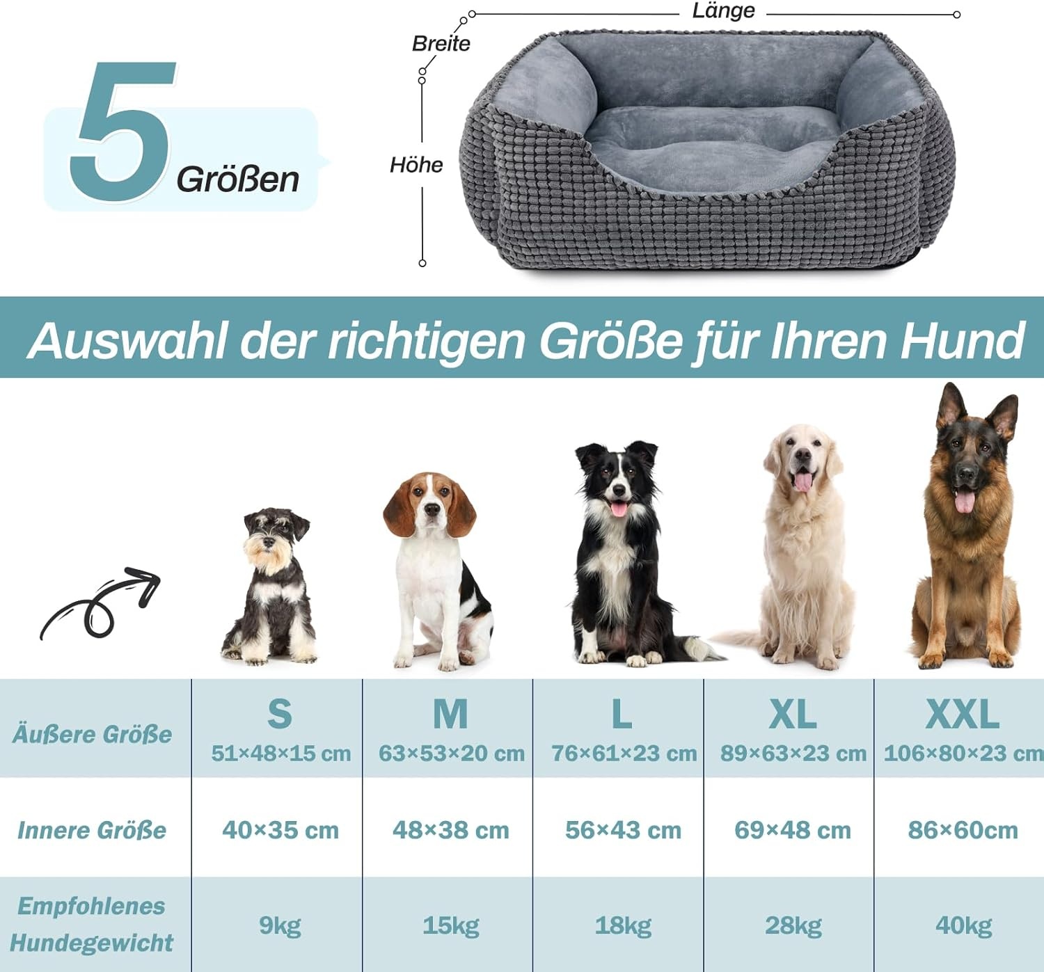 JOEJOY Hondenbed XXL voor grote honden, hondenmand, wasbaar, wollig, zachte pluche hondenbedden, 106 x 80 x 23 cm, hondenmand voor grote honden en katten
