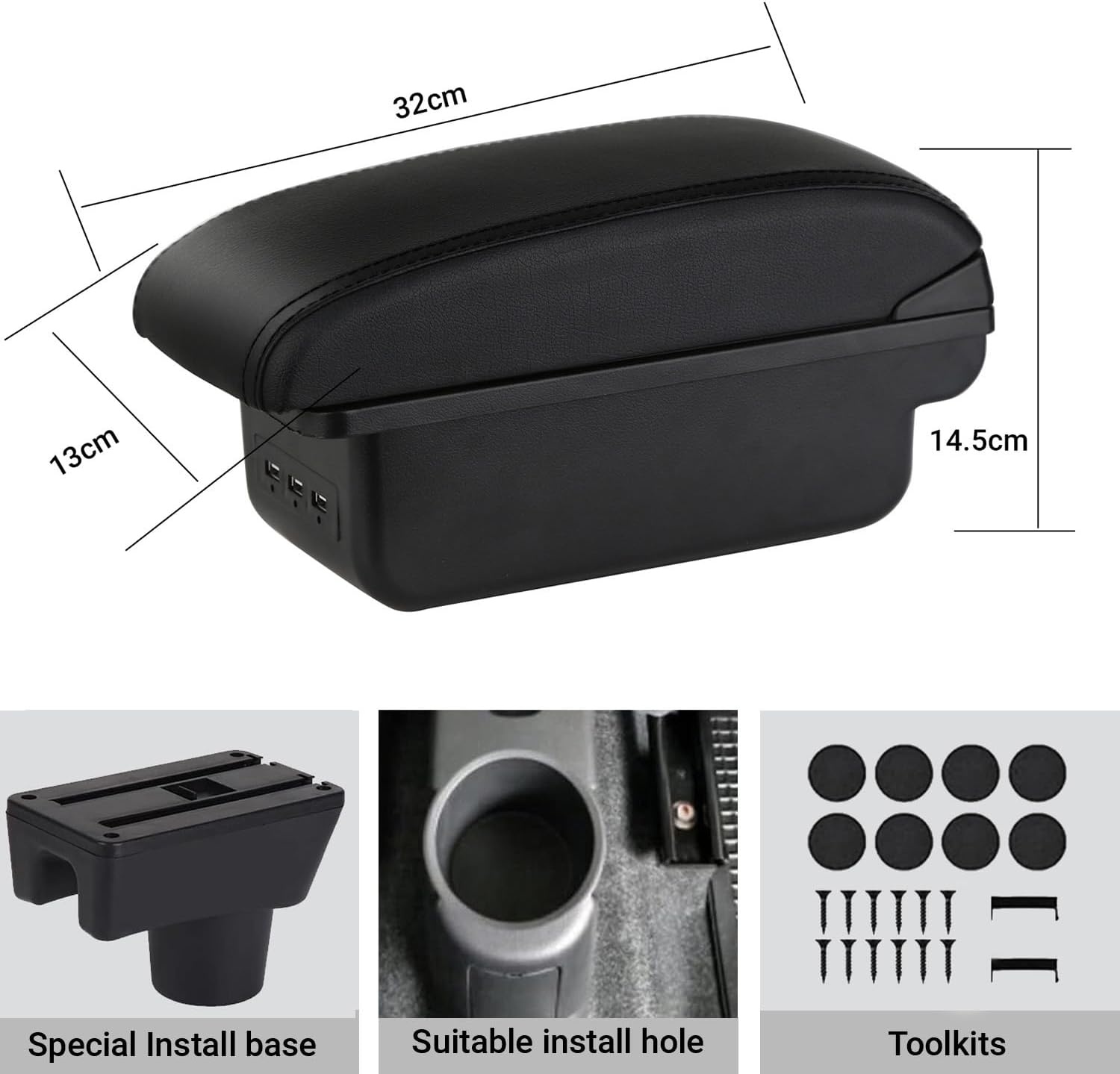 Auto Armsteun Voor Mirage Attrage Space Star 2014-2018 Dubbellaags Console Center Grote Opbergdoos met 3 Usb-poort Opladen Zwart Stiksels