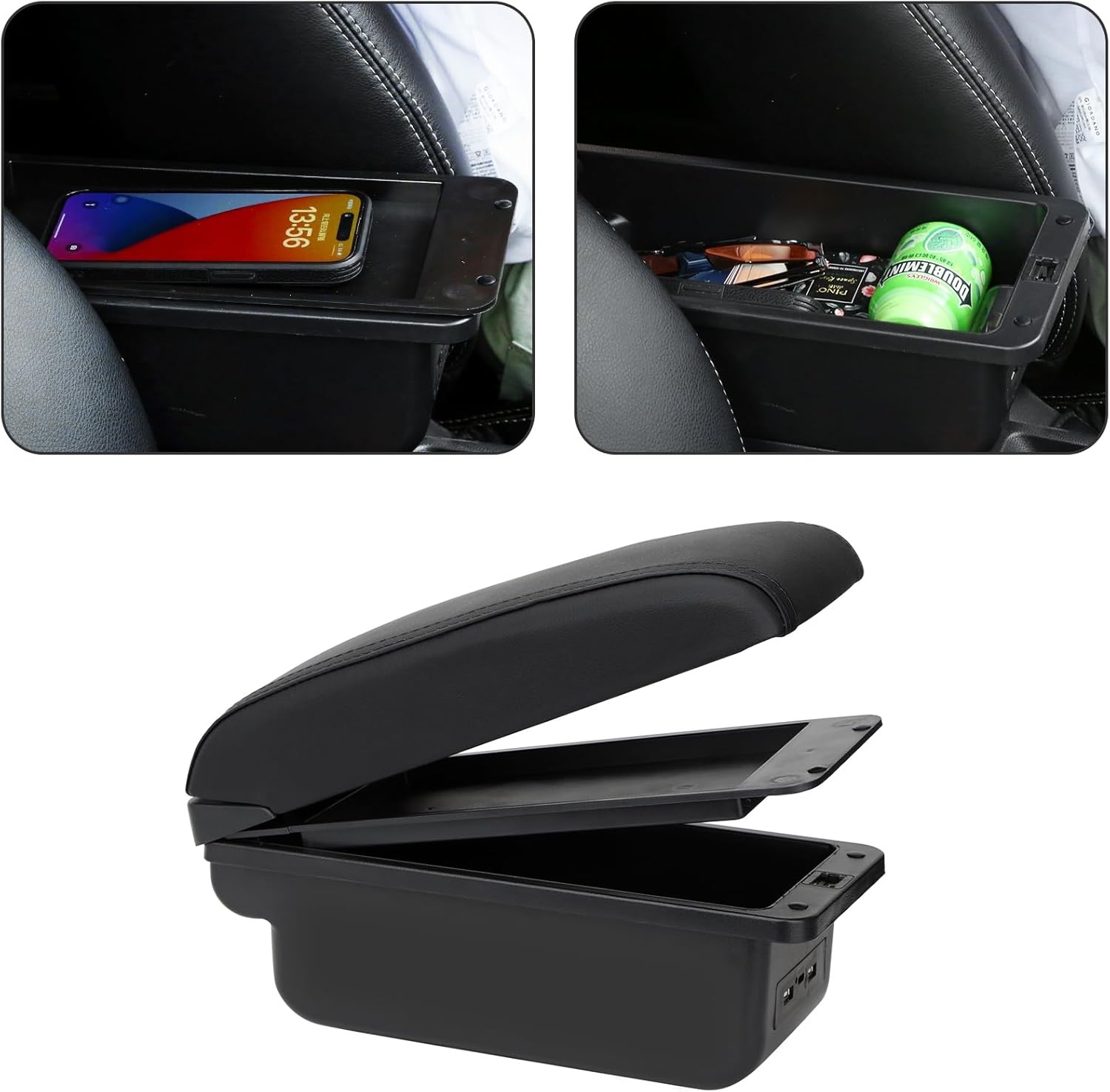 Auto Armsteun Voor Mirage Attrage Space Star 2014-2018 Dubbellaags Console Center Grote Opbergdoos met 3 Usb-poort Opladen Zwart Stiksels