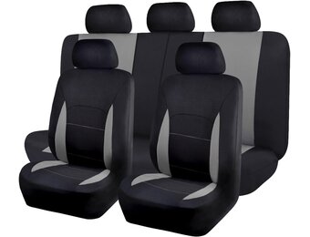 Flying Banner Autostoelhoezen, platte stoffen universele pasvorm, volledige set compatibel met airbag, zwart en grijs