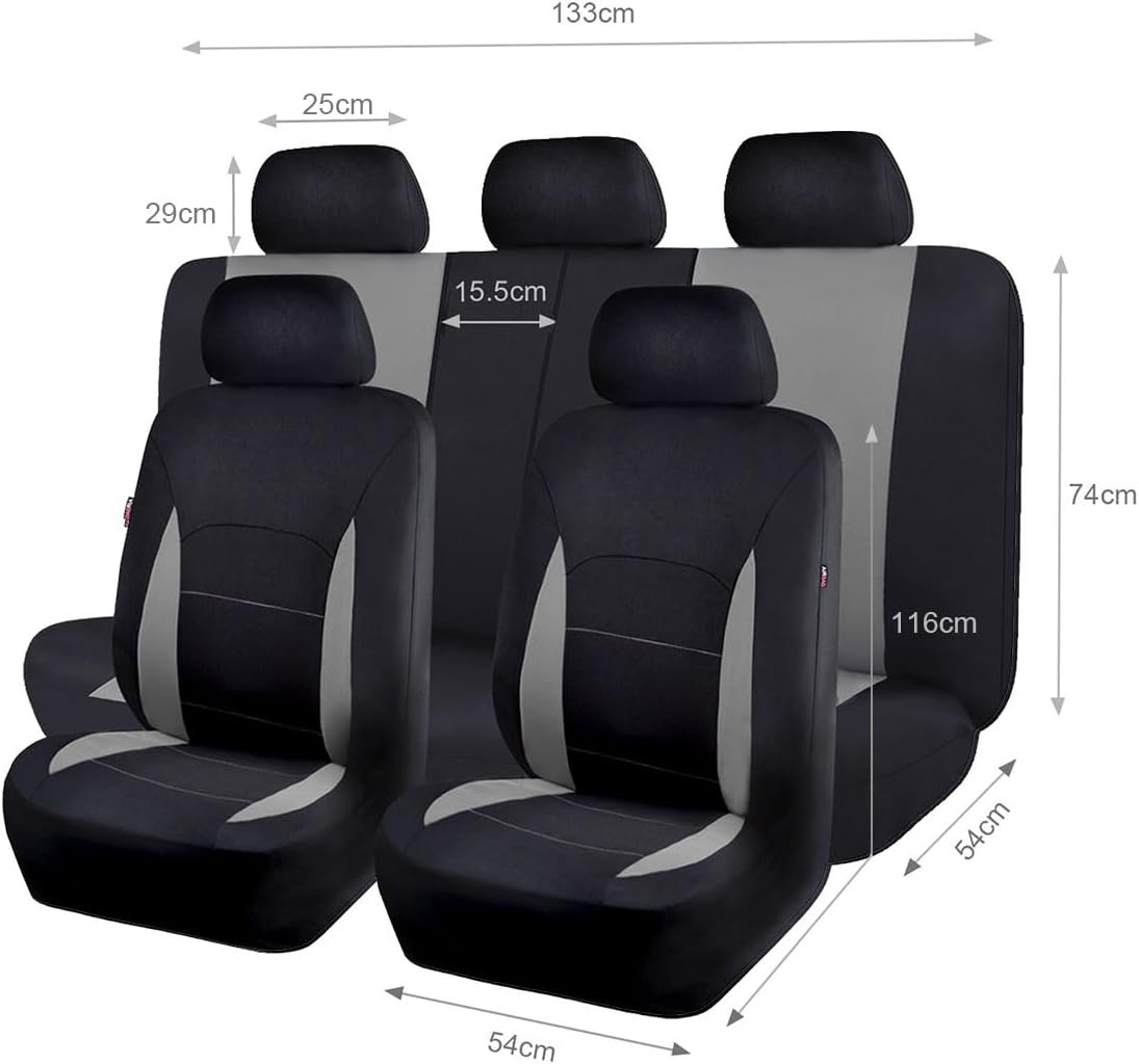 Flying Banner Autostoelhoezen, platte stoffen universele pasvorm, volledige set compatibel met airbag, zwart en grijs