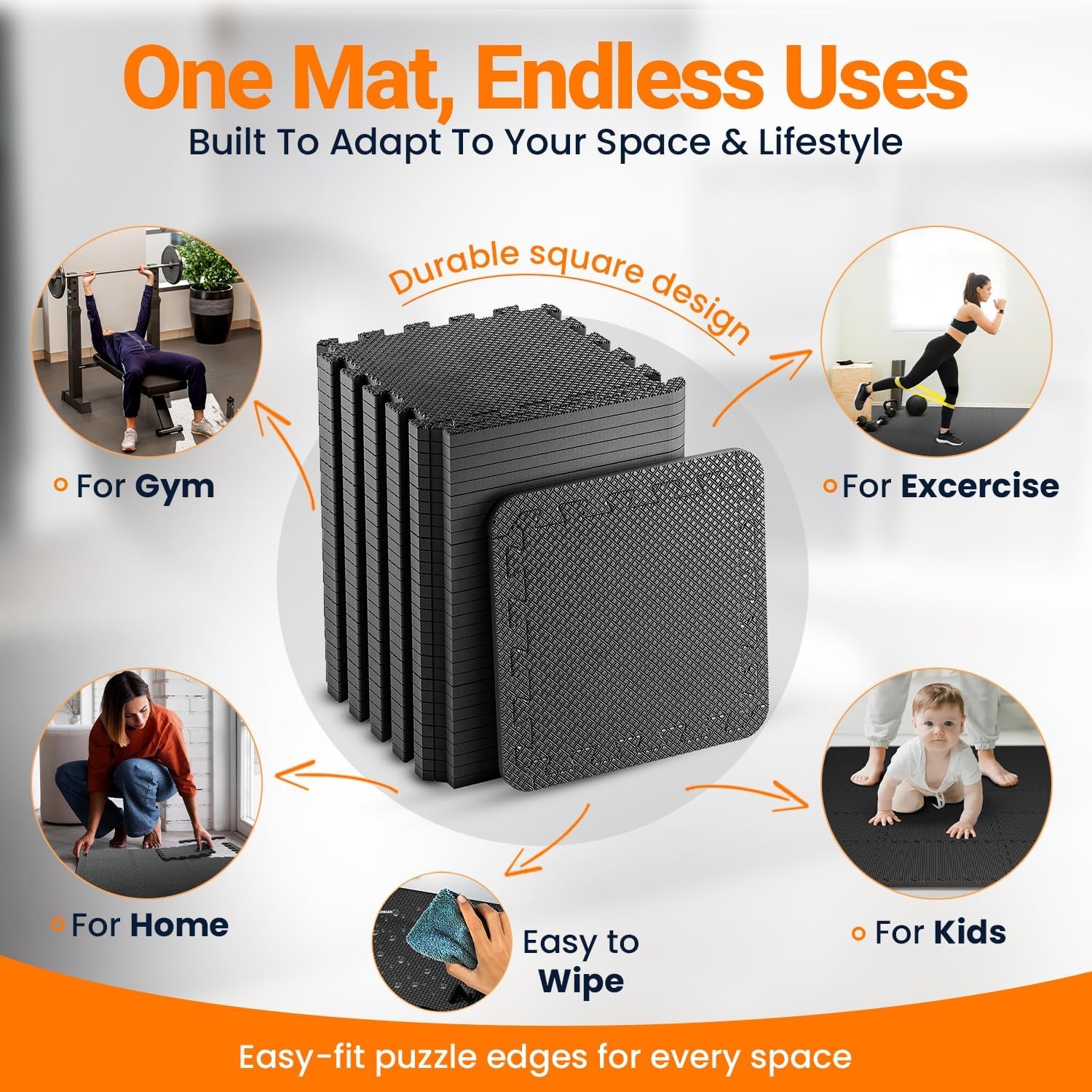 EVA Gym Foam Mat; 24 stuks; 30,5 x 30,5 cm; zwart; antislip in elkaar grijpende puzzelvloertegels voor thuis, training, garage