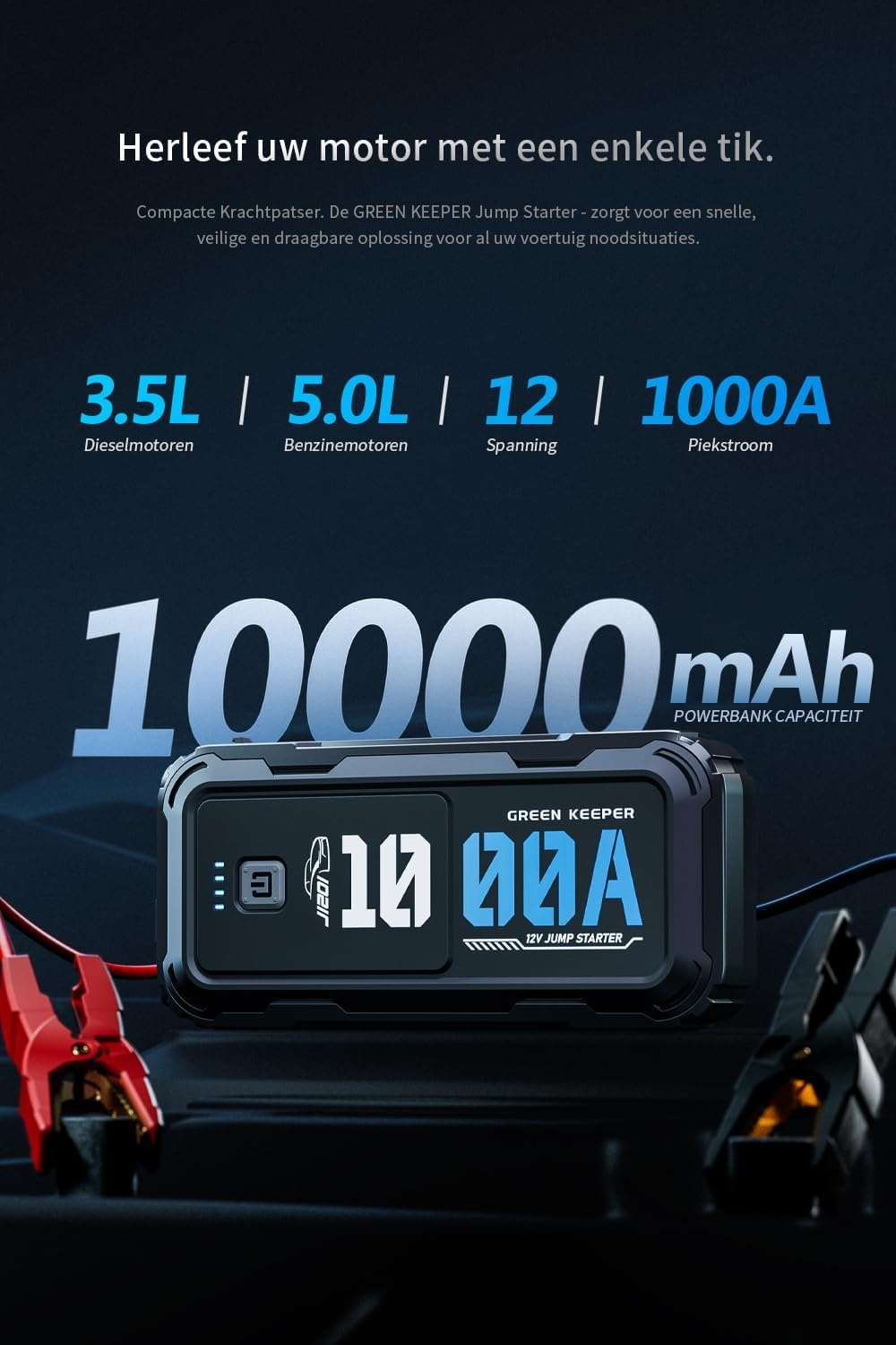 Starthulp Powerbank 1000 A 12 V Startkabel & Booster voor Benzine 3,5 L, Diesel 5,0 L Auto Starthulp met Jump Starter Safe
