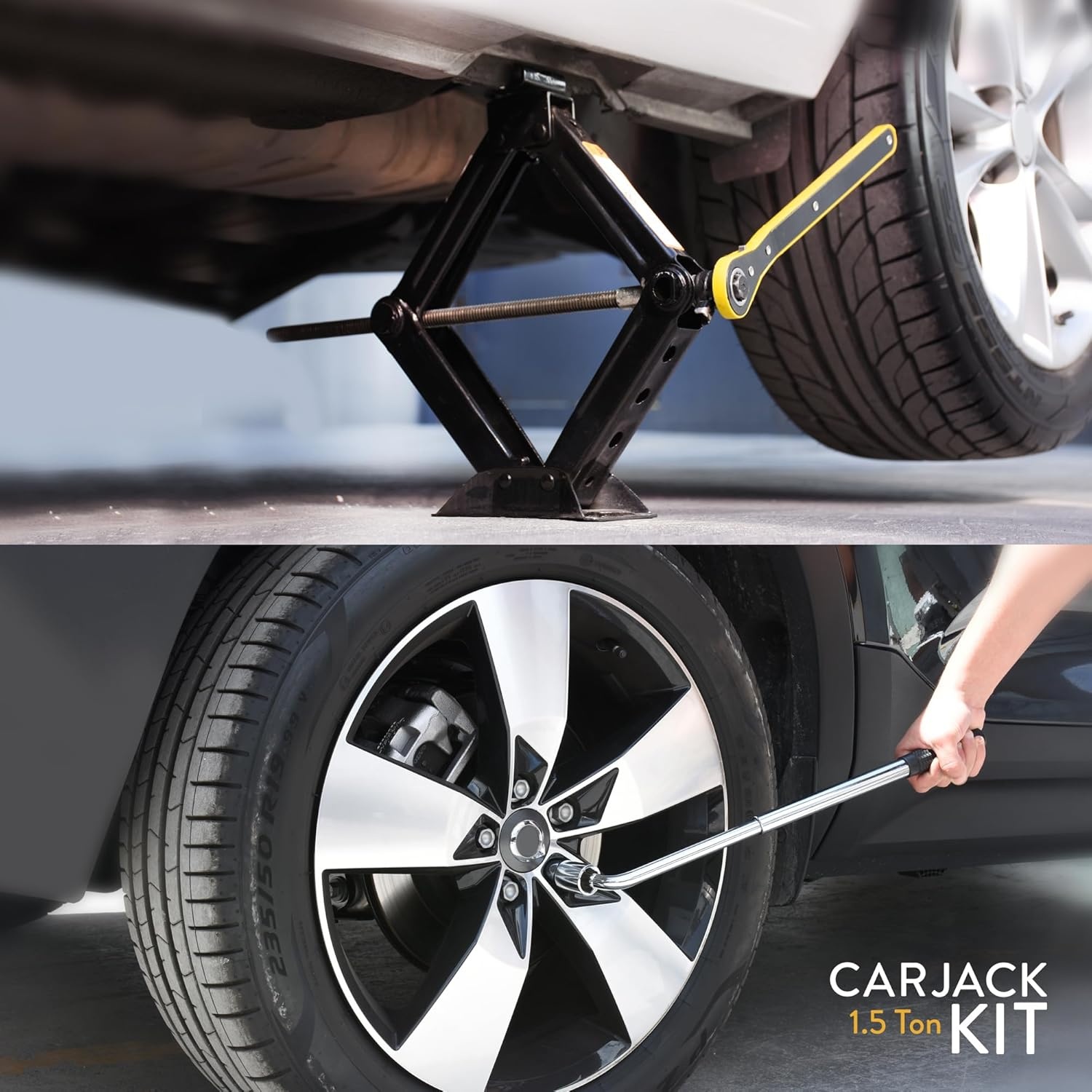 AMVIA Autokrik Schaar Krik 1.5 Ton (3.300 lbs) met Bandenwissel Set - Universeel en Compact