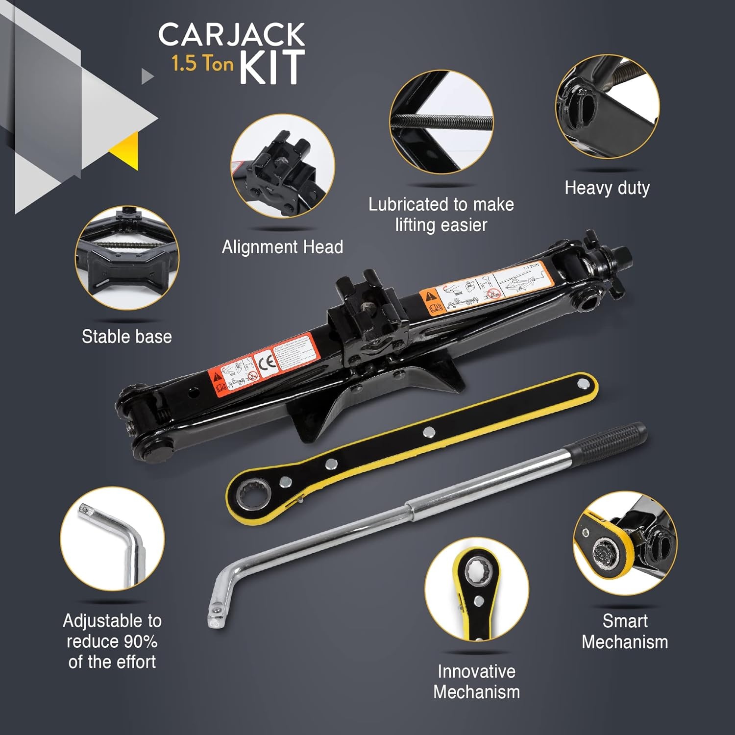 AMVIA Autokrik Schaar Krik 1.5 Ton (3.300 lbs) met Bandenwissel Set - Universeel en Compact