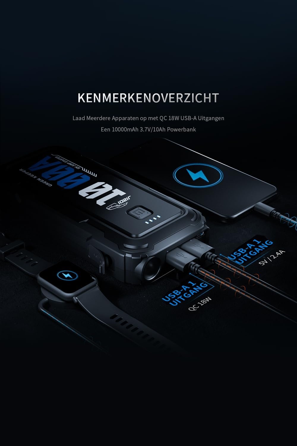 Starthulp Powerbank 1000 A 12 V Startkabel & Booster voor Benzine 3,5 L, Diesel 5,0 L Auto Starthulp met Jump Starter Safe