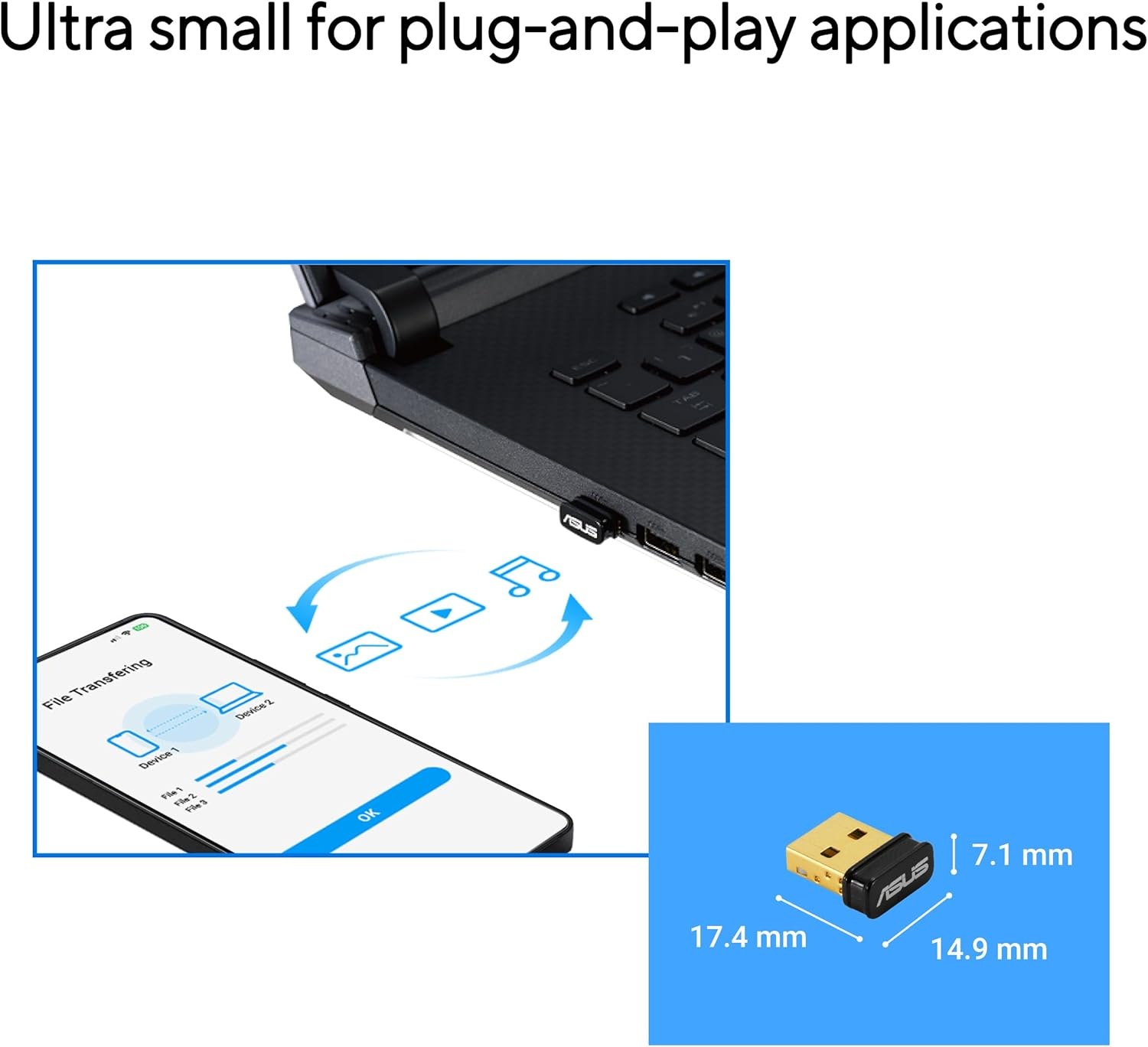 ASUS USB-BT540 USB-dongle adapter Bluetooth 5.4, ondersteunt tot 7 apparaten, ultra-compact ontwerp, compatibel met Windows 8.1, 10 en 11 en Bluetooth 2.1, 3 en 4, zwart