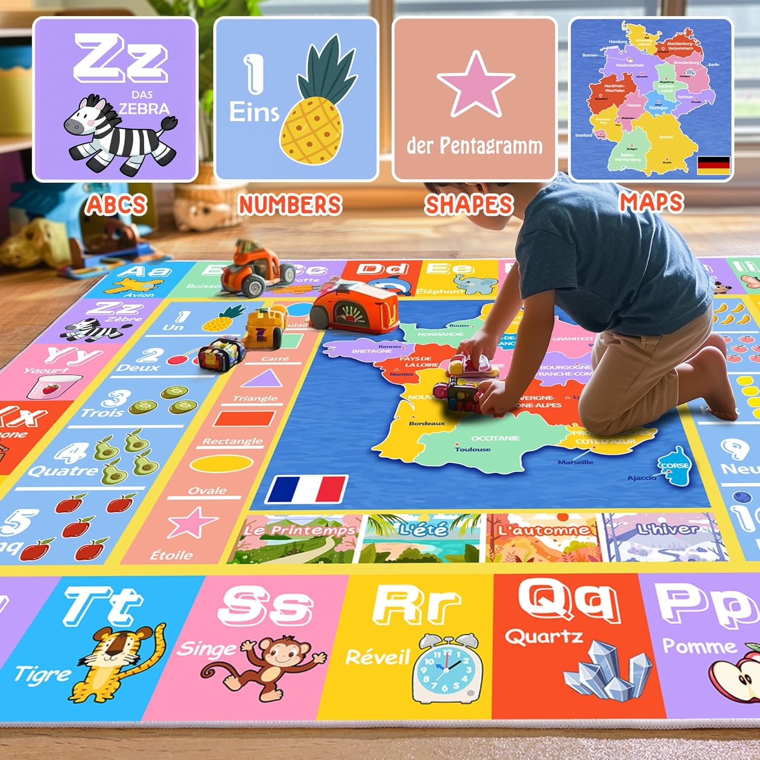 Tapijt voor kinderkamer, rechthoekig kindertapijt met alfabetmotief, antislip tapijt voor speelkamer, slaapkamer, 160 x 230 cm