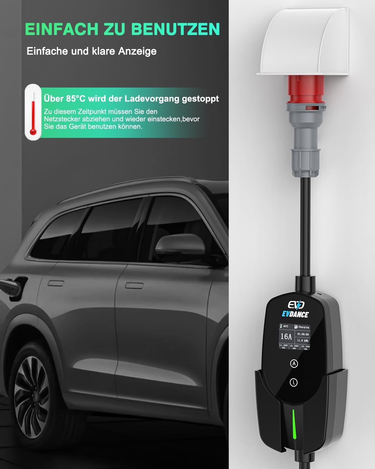 EVDANCE Draagbare Wallbox 11kW Laadkabel 7.8m 3-Fase 6-16A Type 2 CEE 16A naar Type 2 Zwart