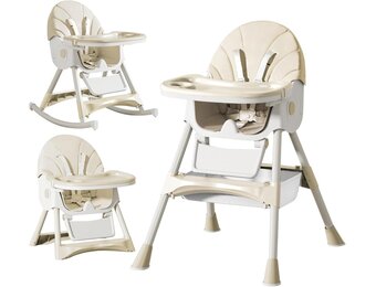 Kinderstoel voor baby's 6-in-1, kinderstoel met babyligstoel en babyschommelstoel, verstelbaar, inklapbaar, babystoel met eetplank en wielen, mand, meegroeiend vanaf 6 maanden tot 6 jaar