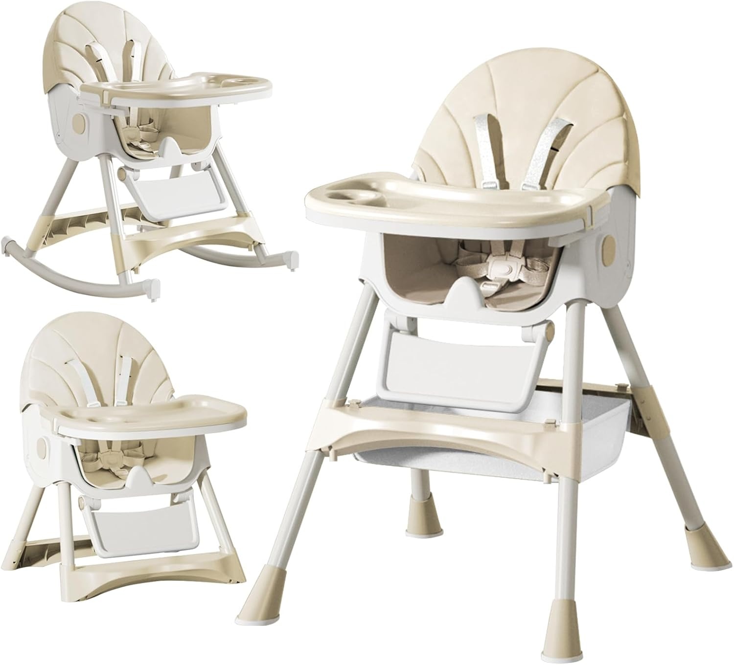 Kinderstoel voor baby's 6-in-1, kinderstoel met babyligstoel en babyschommelstoel, verstelbaar, inklapbaar, babystoel met eetplank en wielen, mand, meegroeiend vanaf 6 maanden tot 6 jaar