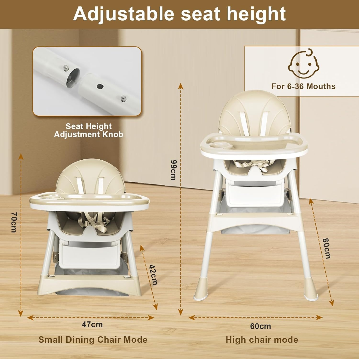 Kinderstoel voor baby's 6-in-1, kinderstoel met babyligstoel en babyschommelstoel, verstelbaar, inklapbaar, babystoel met eetplank en wielen, mand, meegroeiend vanaf 6 maanden tot 6 jaar