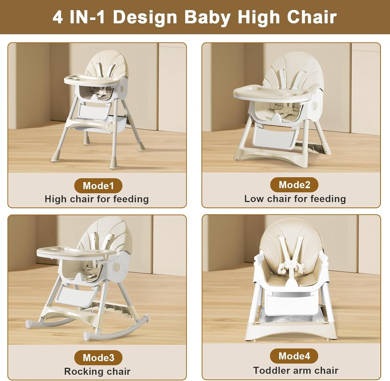 Kinderstoel voor baby's 6-in-1, kinderstoel met babyligstoel en babyschommelstoel, verstelbaar, inklapbaar, babystoel met eetplank en wielen, mand, meegroeiend vanaf 6 maanden tot 6 jaar