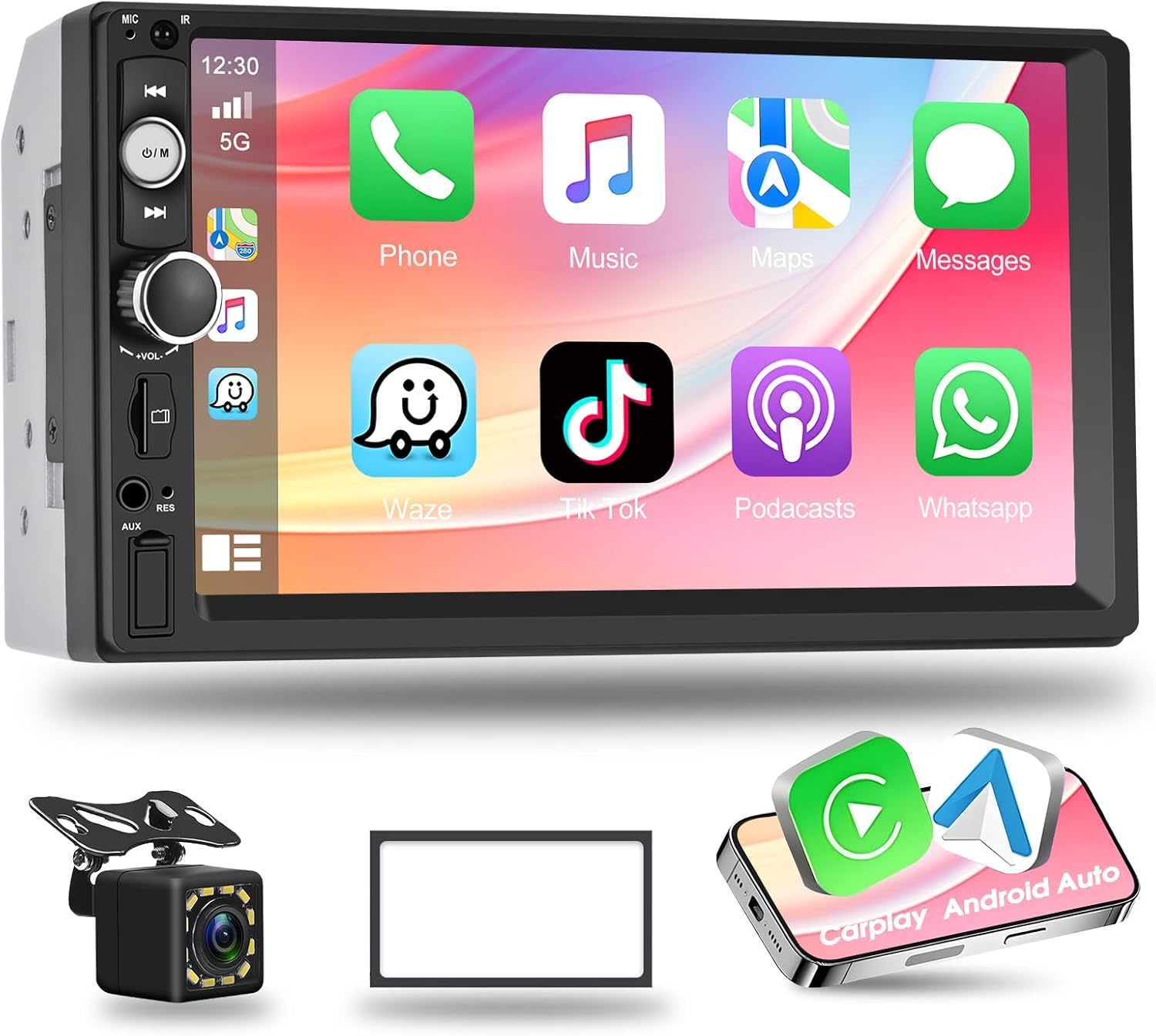 Podofo Autoradio 2 DIN Compatibel met Apple Carplay en Android Auto, 7 Inch Touchscreen met Bluetooth/Mirror Link/FM/SWC/AUX Ingang/Achteruitrijcamera/Kader et microphone