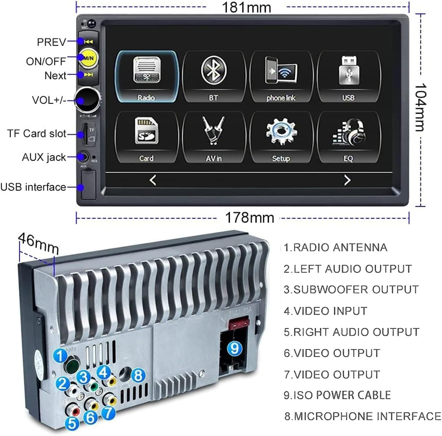 Podofo Autoradio 2 DIN Compatibel met Apple Carplay en Android Auto, 7 Inch Touchscreen met Bluetooth/Mirror Link/FM/SWC/AUX Ingang/Achteruitrijcamera/Kader et microphone