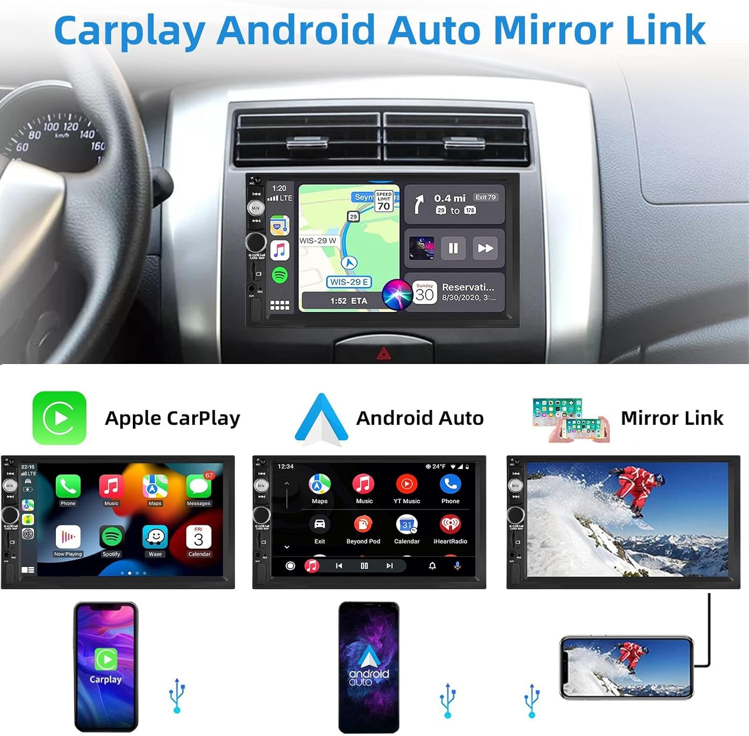 Podofo Autoradio 2 DIN Compatibel met Apple Carplay en Android Auto, 7 Inch Touchscreen met Bluetooth/Mirror Link/FM/SWC/AUX Ingang/Achteruitrijcamera/Kader et microphone