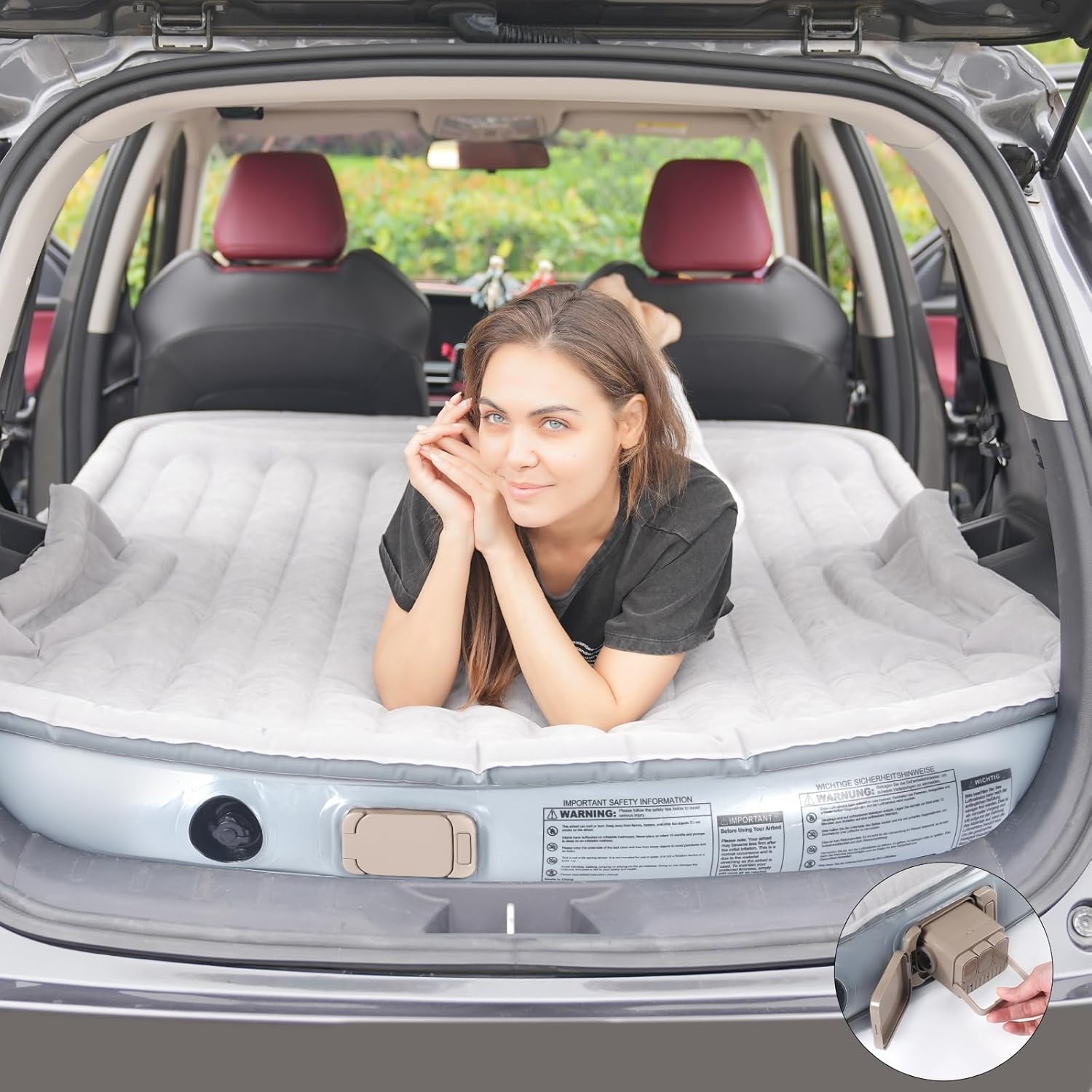KMZ SUV luchtbed met ingebouwde elektrische pomp - Verdikte en gevlokte automatras voor reizen en kamperen - 300 kg draagvermogen - grijs