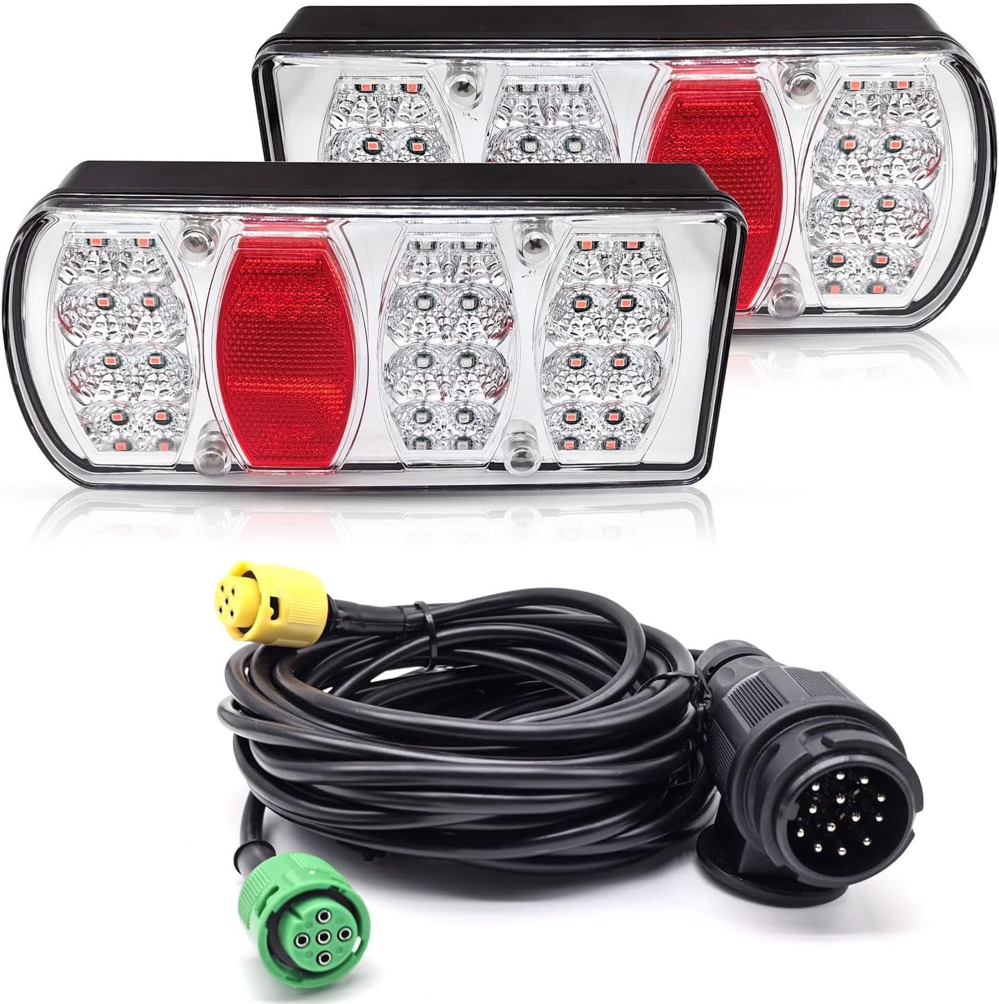 2 stuks 13-pins aanhangerverlichting LED 12 V 24 V met 5 m kabel voorbedrade 5-pins bajonetfixes, 7-IN-1, waterdicht, E-Mark Goedgekeurd