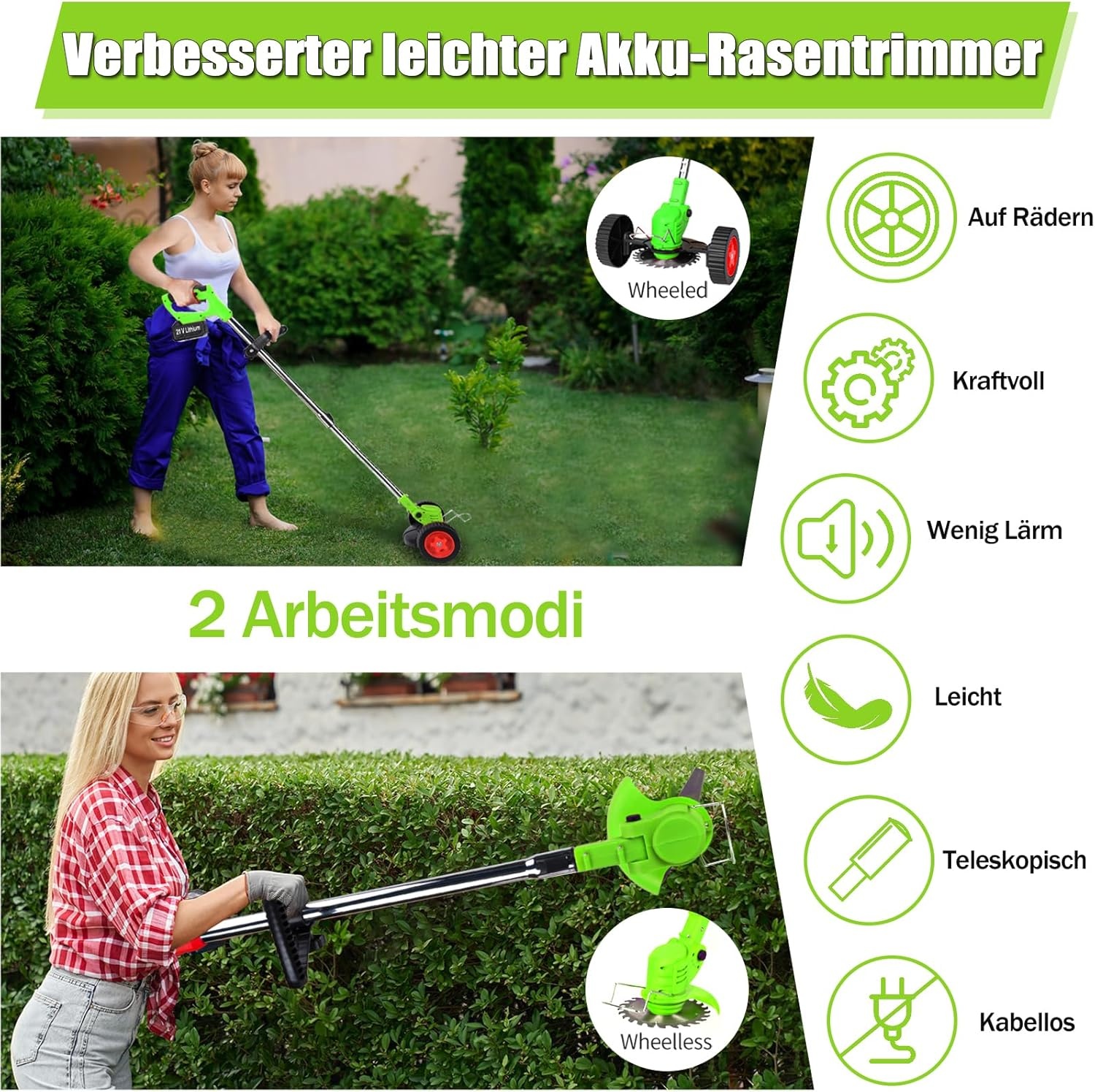 Akku Rasentrimmer Mit Akku, 2 x 21 V 4,0 Ah Freischneider Akku, 3-in-1 Multifunktions-Rasentrimmer/Freischneider/kantenschneider, Teleskopisch und Verstellbar, Geeignet für Garten, Hofmähen