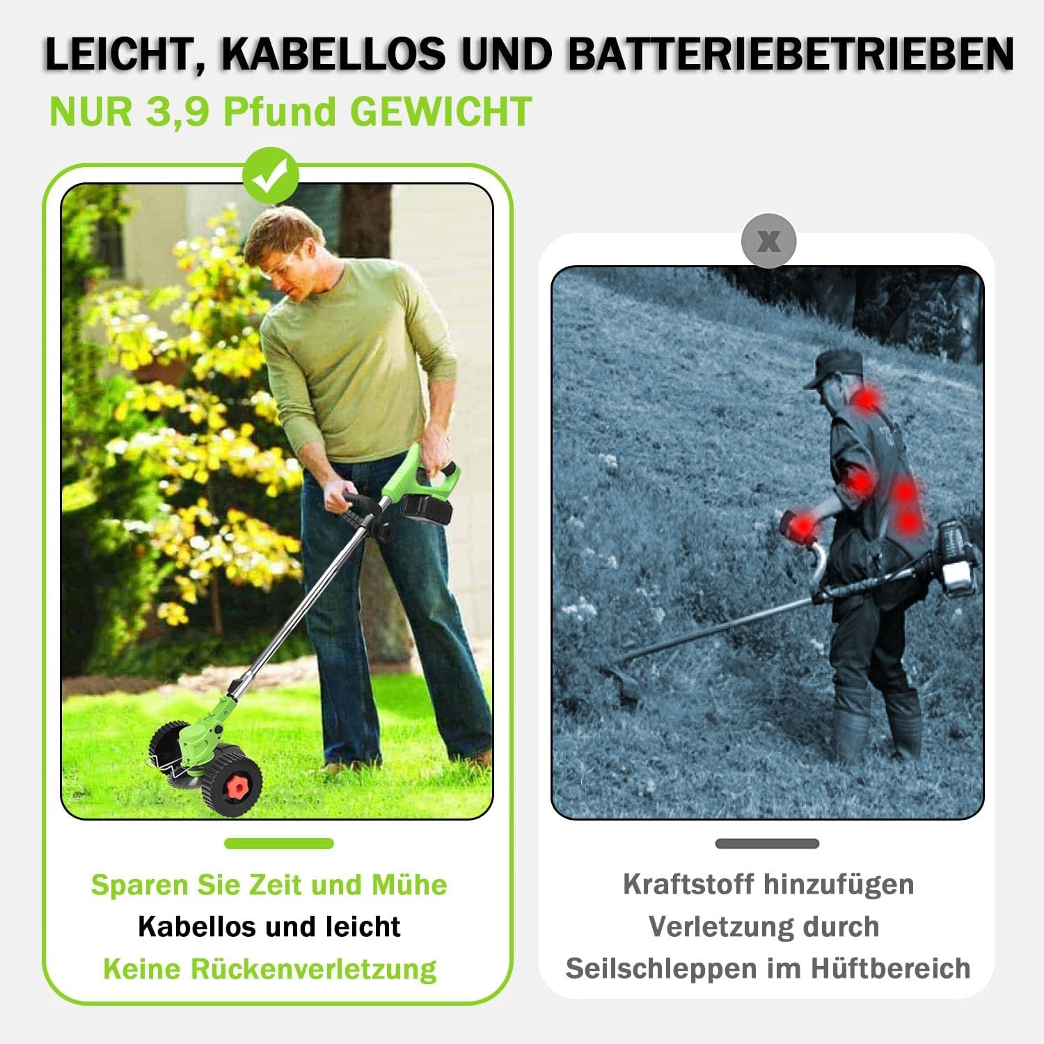 Akku Rasentrimmer Mit Akku, 2 x 21 V 4,0 Ah Freischneider Akku, 3-in-1 Multifunktions-Rasentrimmer/Freischneider/kantenschneider, Teleskopisch und Verstellbar, Geeignet für Garten, Hofmähen