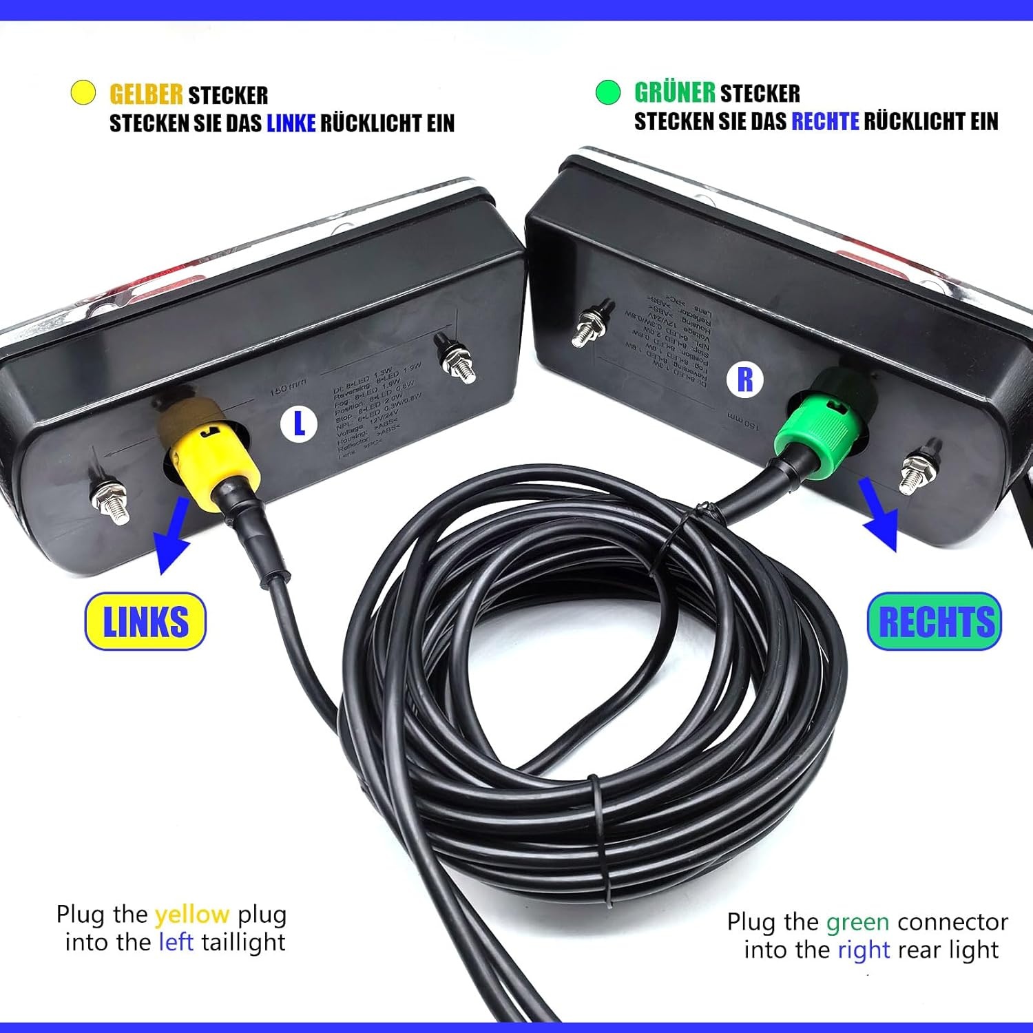 2 stuks 13-pins aanhangerverlichting LED 12 V 24 V met 5 m kabel voorbedrade 5-pins bajonetfixes, 7-IN-1, waterdicht, E-Mark Goedgekeurd