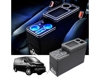 Upgrade middenconsole met planken, opbergvak, compatibel met VW T4, T5, T6, T6.1, T7, alle modellen vanaf 2003-2019, glanzend leer, accessoires, drankhouder, telefoonhouder met USB- en