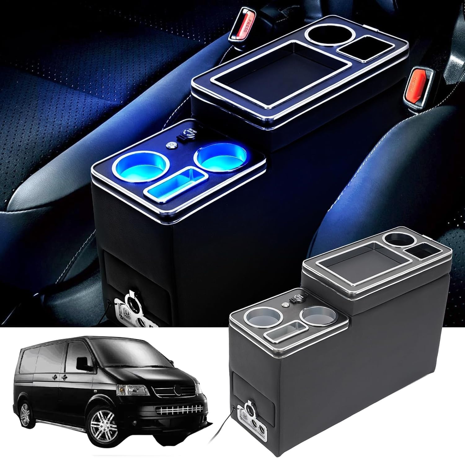 Upgrade middenconsole met planken, opbergvak, compatibel met VW T4, T5, T6, T6.1, T7, alle modellen vanaf 2003-2019, glanzend leer, accessoires, drankhouder, telefoonhouder met USB- en