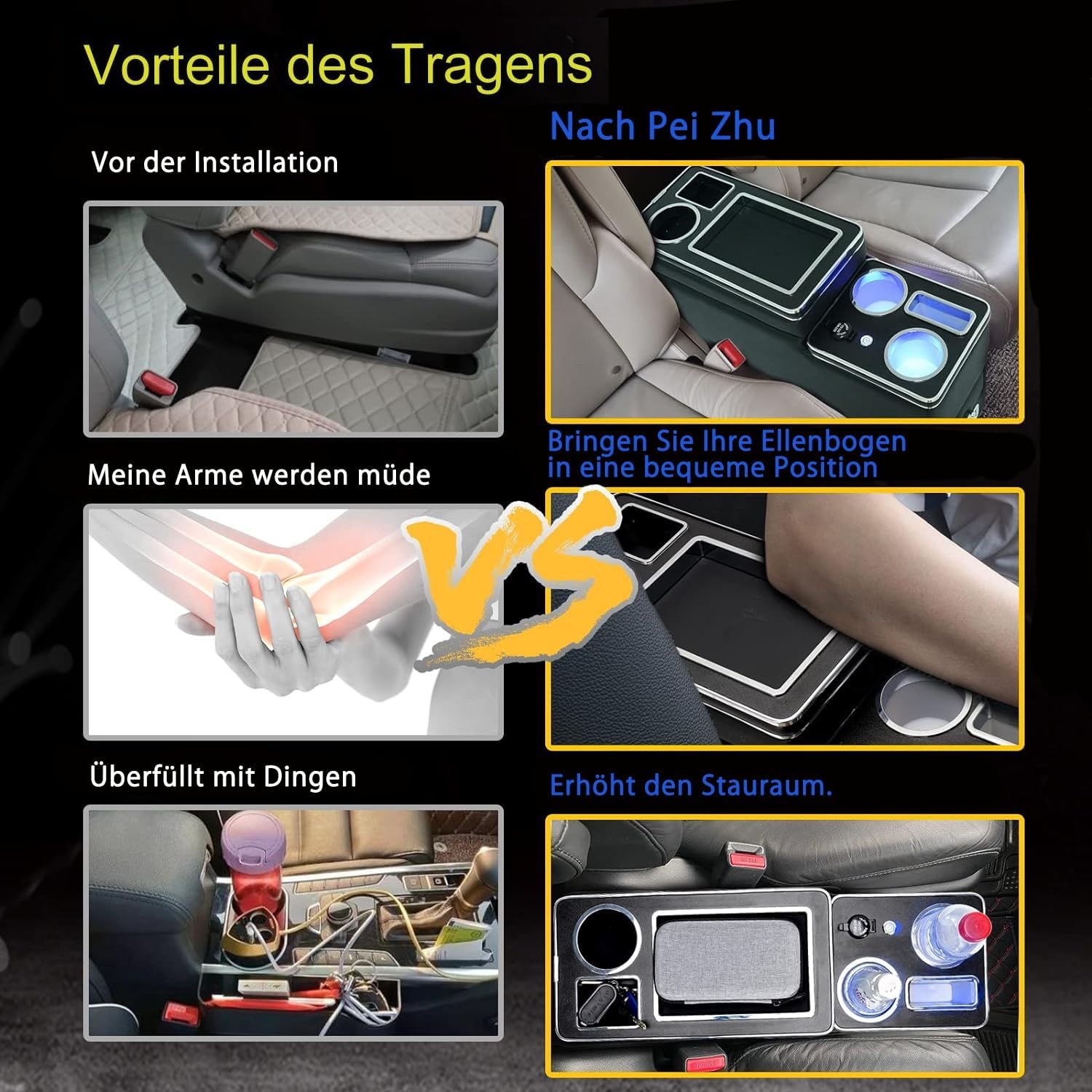 Upgrade middenconsole met planken, opbergvak, compatibel met VW T4, T5, T6, T6.1, T7, alle modellen vanaf 2003-2019, glanzend leer, accessoires, drankhouder, telefoonhouder met USB- en