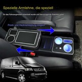 Upgrade middenconsole met planken, opbergvak, compatibel met VW T4, T5, T6, T6.1, T7, alle modellen vanaf 2003-2019, glanzend leer, accessoires, drankhouder, telefoonhouder met USB- en