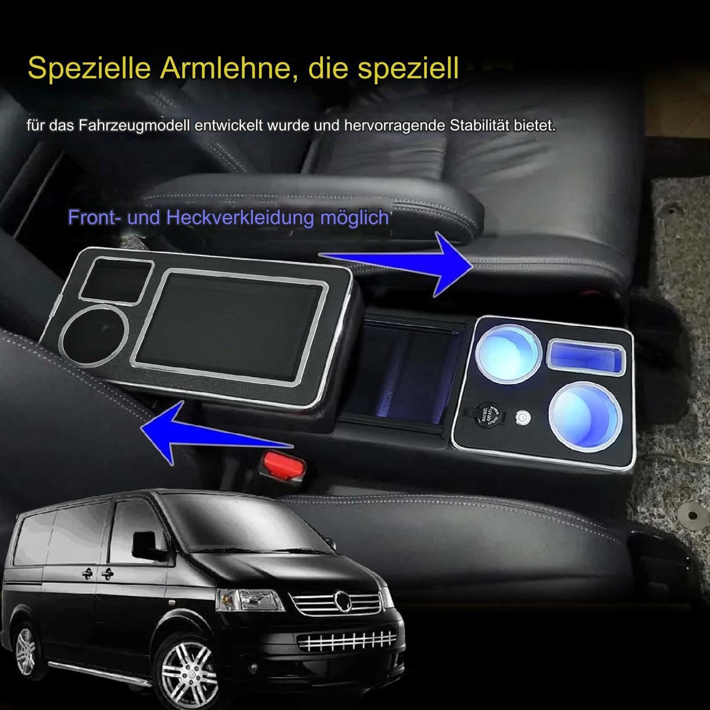 Upgrade middenconsole met planken, opbergvak, compatibel met VW T4, T5, T6, T6.1, T7, alle modellen vanaf 2003-2019, glanzend leer, accessoires, drankhouder, telefoonhouder met USB- en