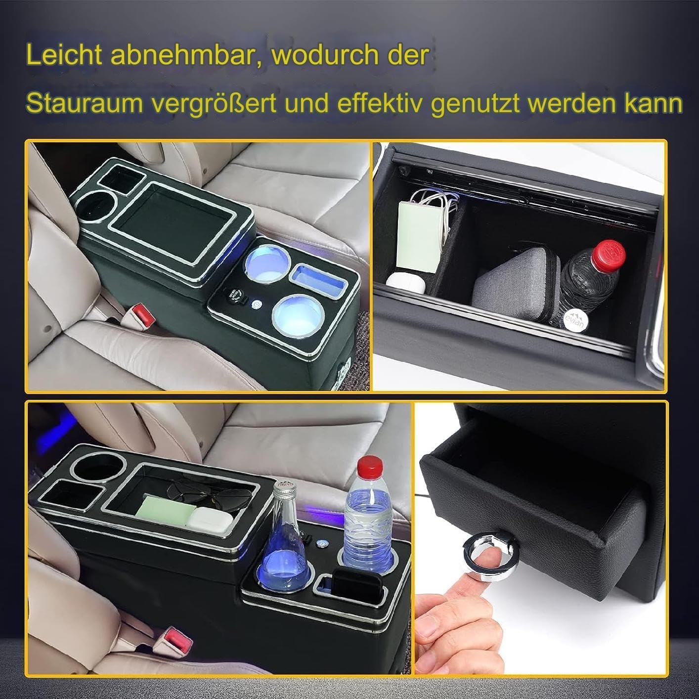 Upgrade middenconsole met planken, opbergvak, compatibel met VW T4, T5, T6, T6.1, T7, alle modellen vanaf 2003-2019, glanzend leer, accessoires, drankhouder, telefoonhouder met USB- en