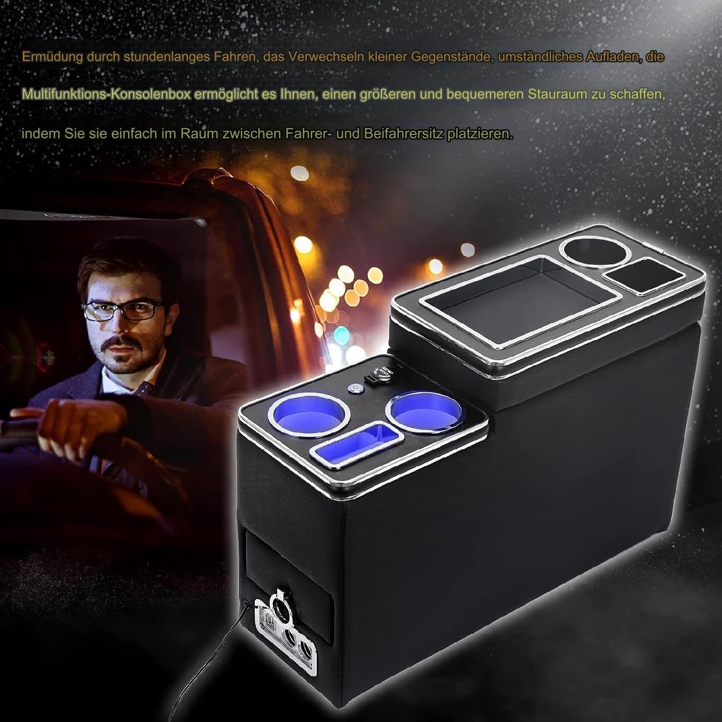 Upgrade middenconsole met planken, opbergvak, compatibel met VW T4, T5, T6, T6.1, T7, alle modellen vanaf 2003-2019, glanzend leer, accessoires, drankhouder, telefoonhouder met USB- en