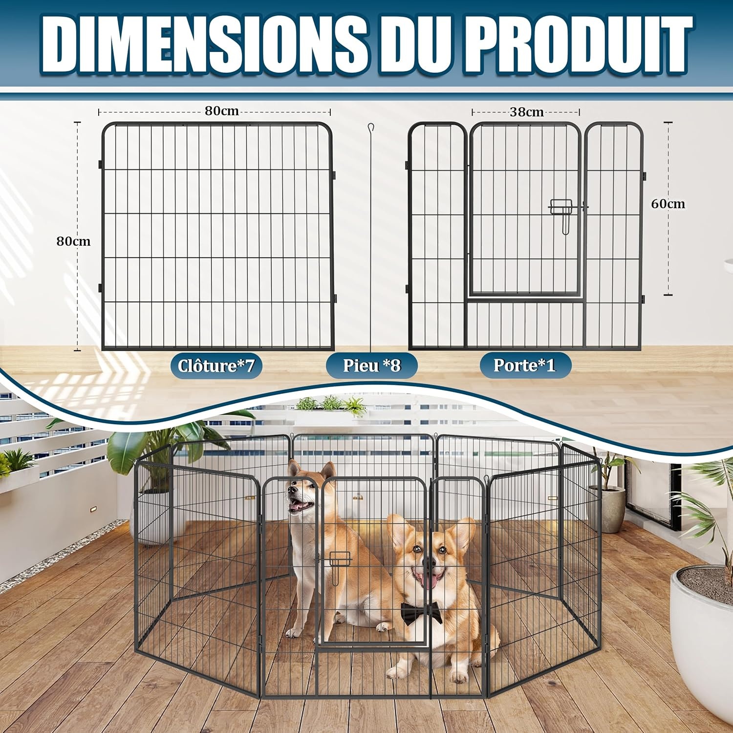 QRDA Hondenren Metaal Puppyren Puppyuitloop Veiligheidshek Puppyomheining Hekwerk met Deur Voor Konijnen, Honden 8 stuks -80x80 cm