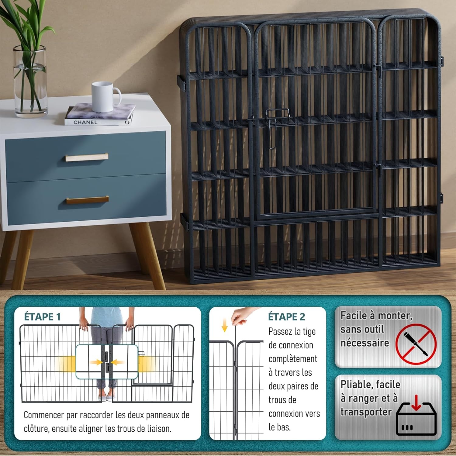 QRDA Hondenren Metaal Puppyren Puppyuitloop Veiligheidshek Puppyomheining Hekwerk met Deur Voor Konijnen, Honden 8 stuks -80x80 cm