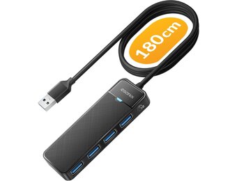 USB 3.0 Hub met 4 Poorten & 180cm Kabel - Ultraslank