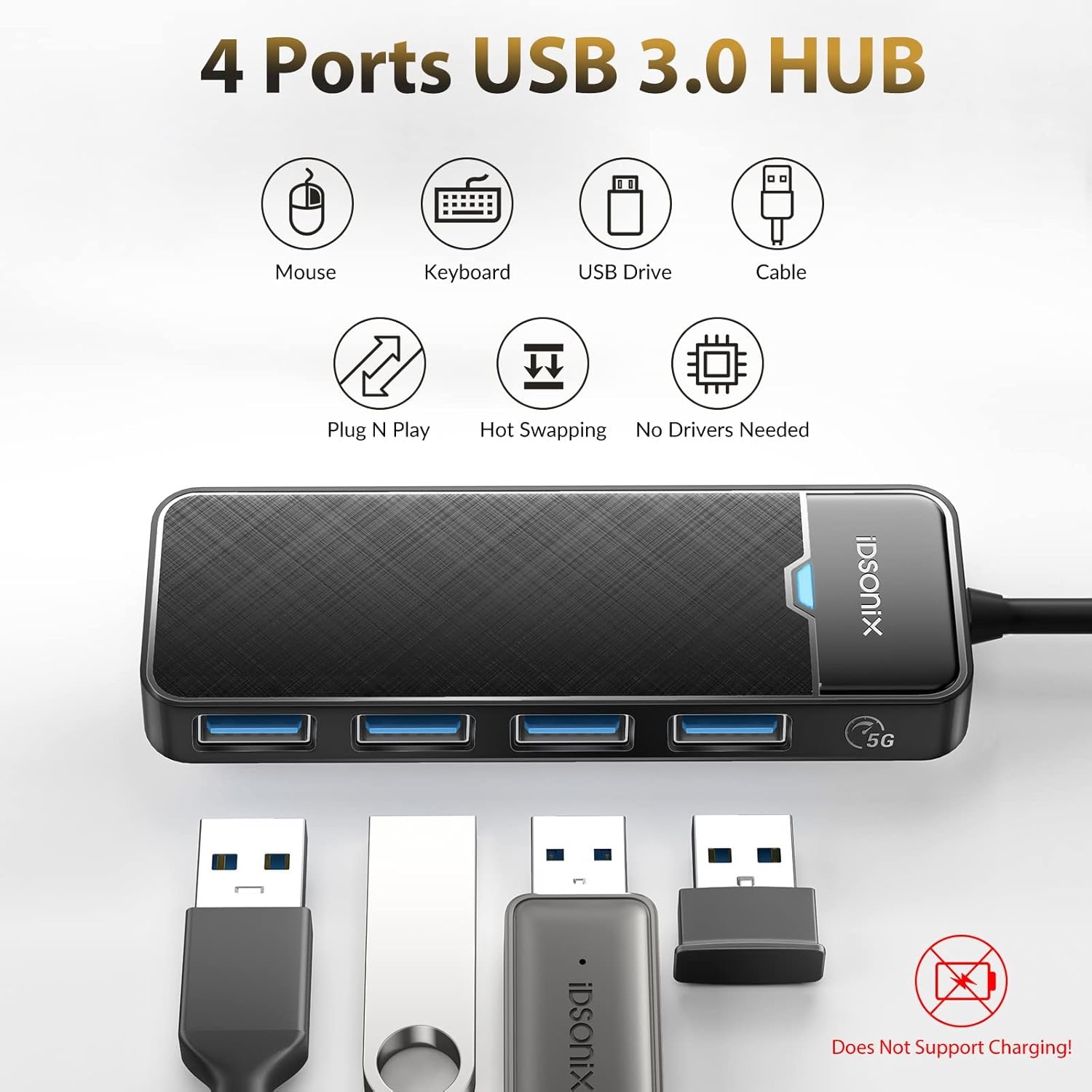 USB 3.0 Hub met 4 Poorten & 180cm Kabel - Ultraslank