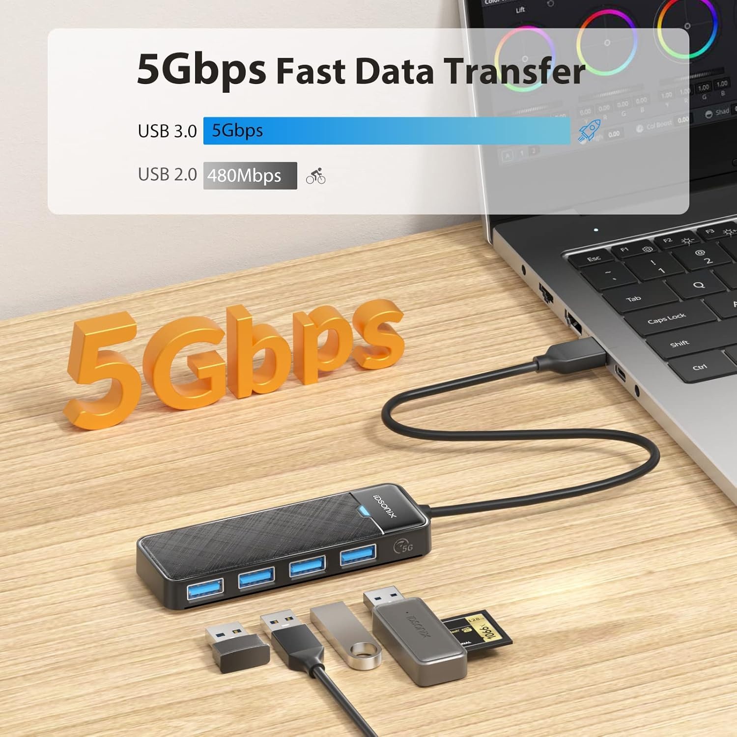 USB 3.0 Hub met 4 Poorten & 180cm Kabel - Ultraslank