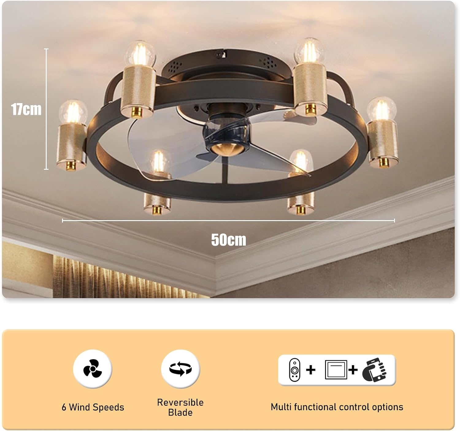 Retro Industriële Plafondventilator met Lamp - Goud - 35% Korting