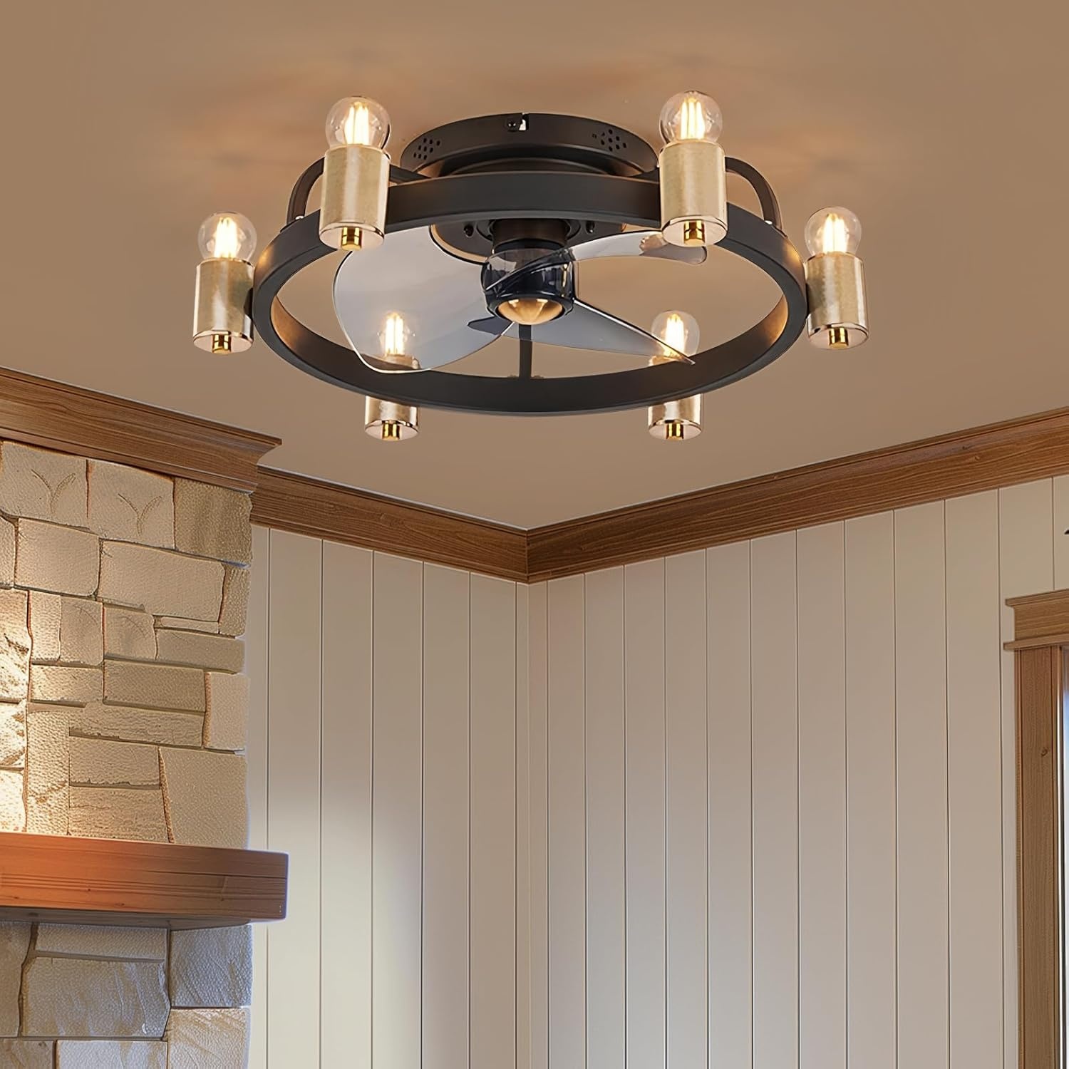 Retro Industriële Plafondventilator met Lamp - Goud - 35% Korting