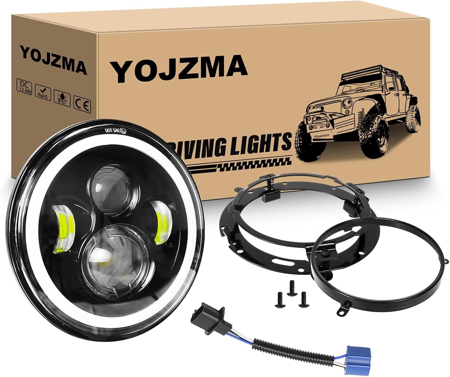 1PCS 7 Inch Ronde LED Koplamp, 4 LED Motorfiets Koplamp Wit DRL Hoog/Dimlicht Amber Halo Richtingaanwijzer Hoek Ogen Licht voor Wrangler JK TJ LJ CJ Motorfiets Davidson met Montagebeugels - Maat 1 Pcs 7 inch koplamp + beugels